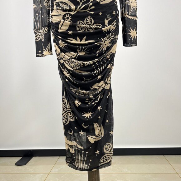 NWOT Farm Rio Cerrado Sky Tulle Midi Dress Long Sleeves Size XS Black and Cream - Picture 4 of 10